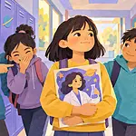 A student holds a scientist poster while peers tease and a teacher offers support