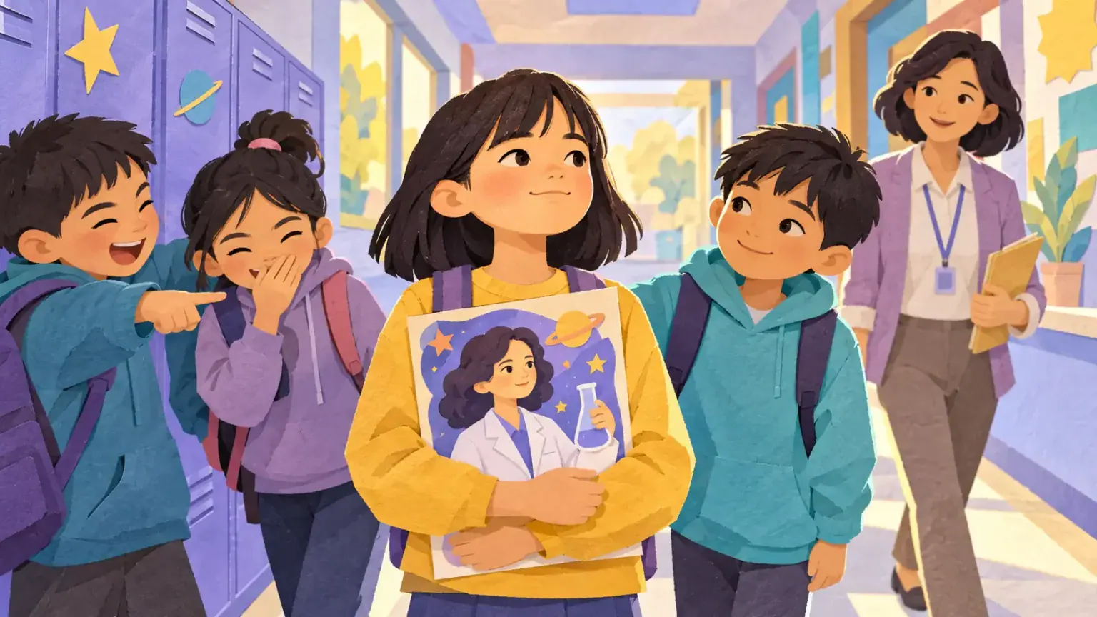 A student holds a scientist poster while peers tease and a teacher offers support