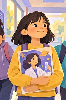 A student holds a scientist poster while peers tease and a teacher offers support