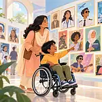 A child using a wheelchair and caregiver explore portraits of diverse role models