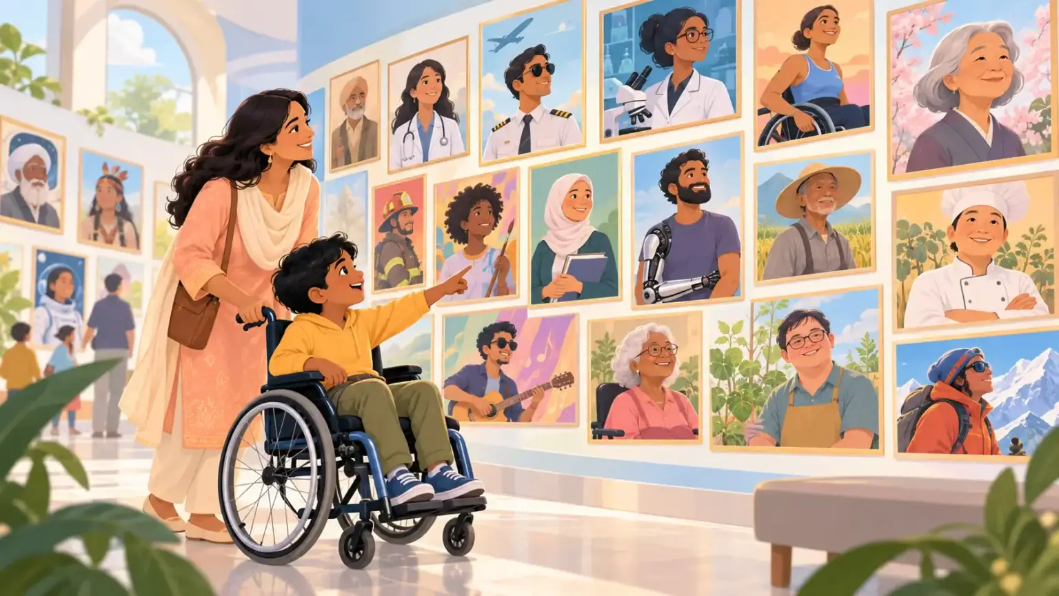 A child using a wheelchair and caregiver explore portraits of diverse role models