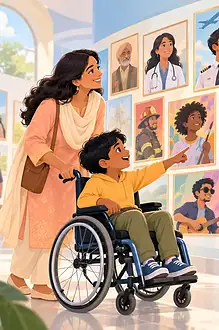 A child using a wheelchair and caregiver explore portraits of diverse role models