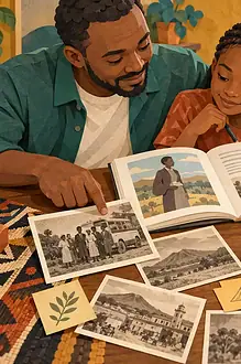 A father and child compare a biography with photographs, maps and notes