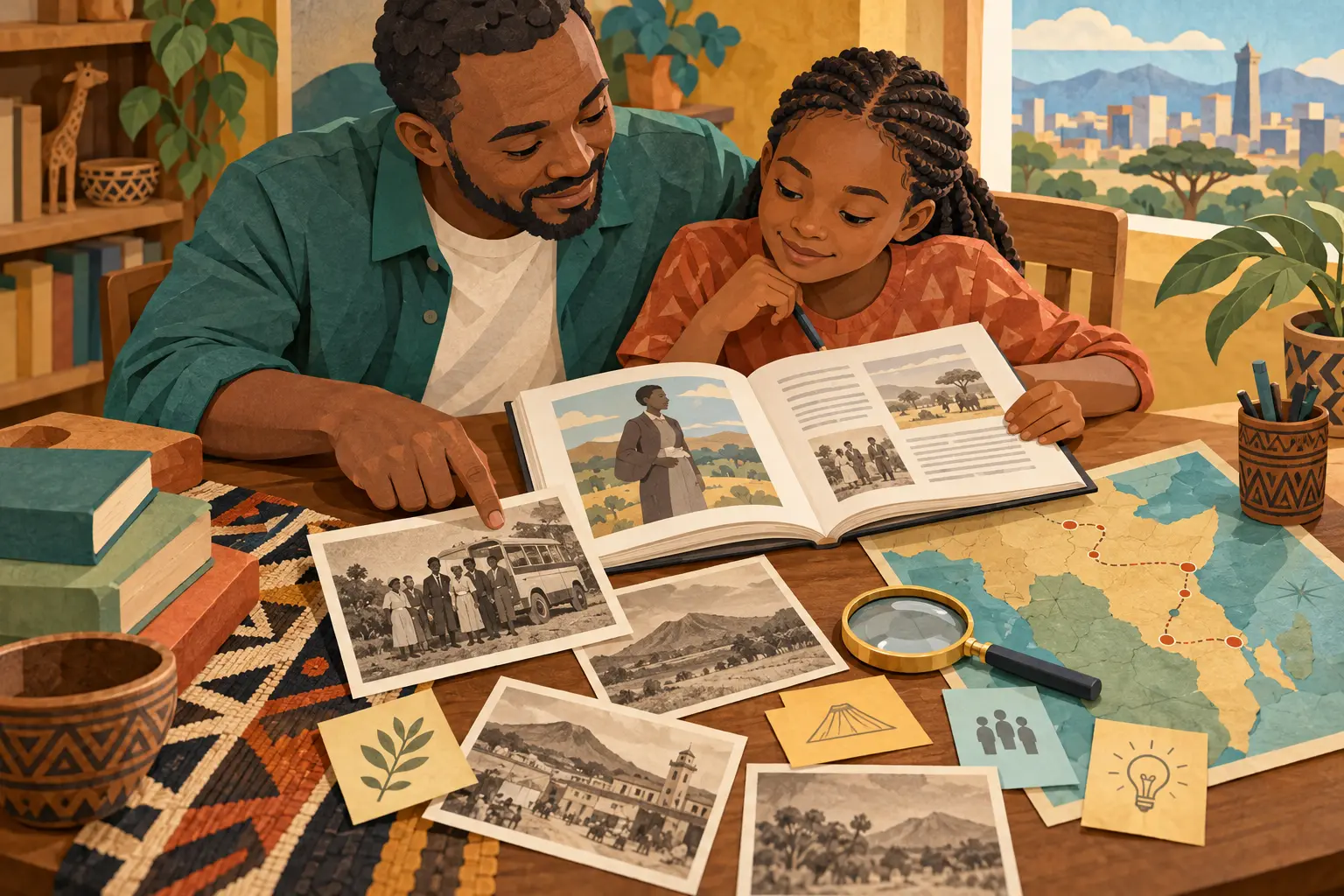 A father and child compare a biography with photographs, maps and notes