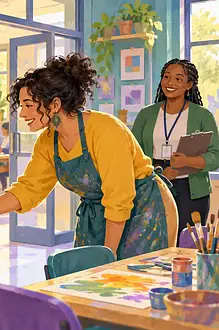 A caregiver introduces a child to an art mentor in a supervised community studio