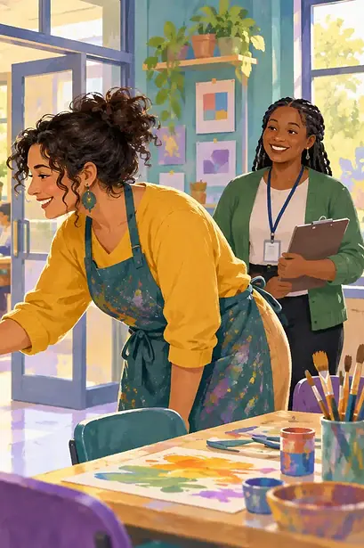 A caregiver introduces a child to an art mentor in a supervised community studio