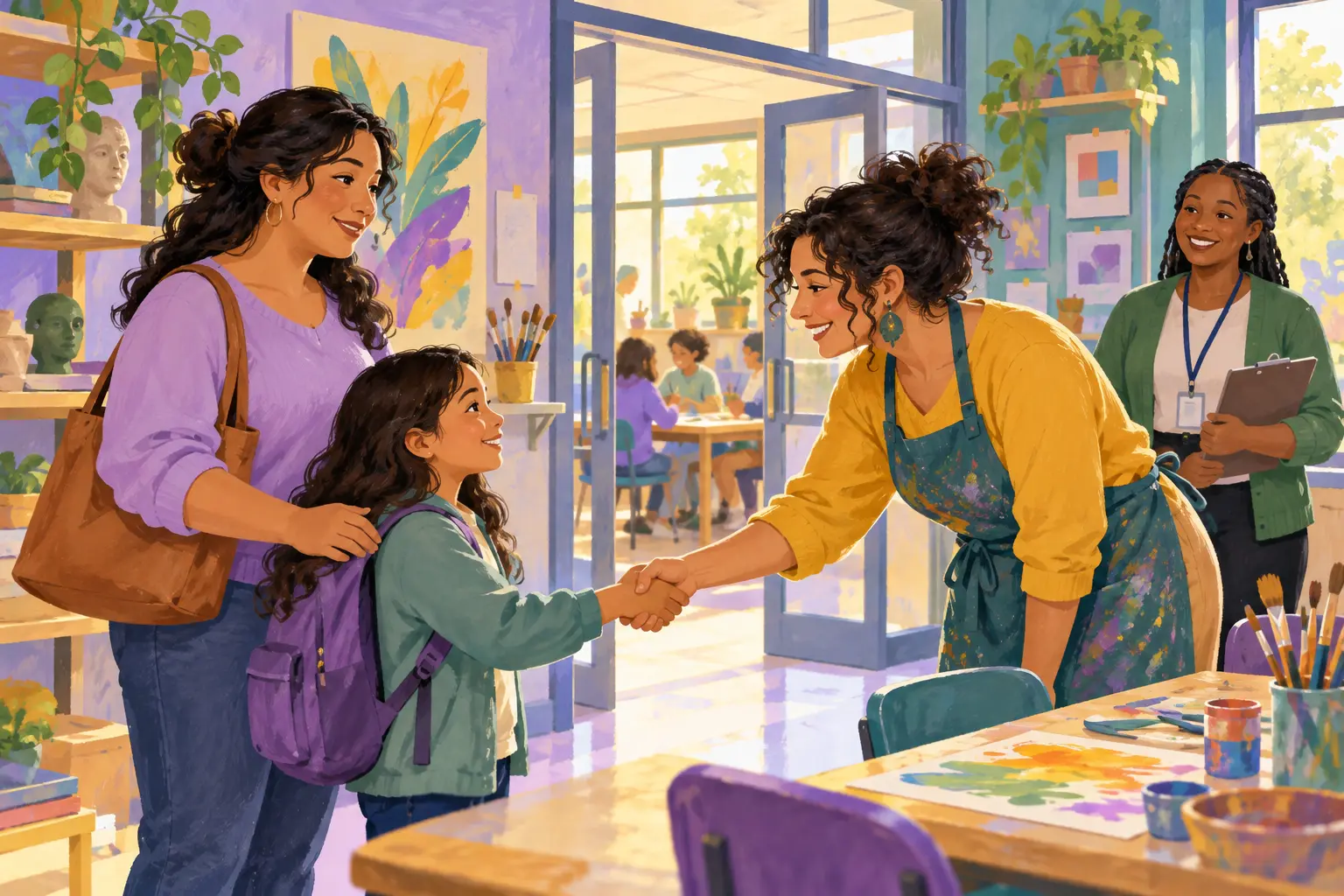 A caregiver introduces a child to an art mentor in a supervised community studio