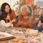 A multigenerational family shares stories around photographs with a child interviewer