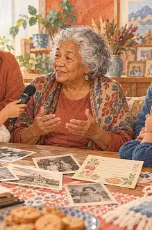 A multigenerational family shares stories around photographs with a child interviewer