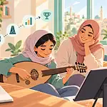 A preteen practises music with a small plan and supportive caregiver nearby