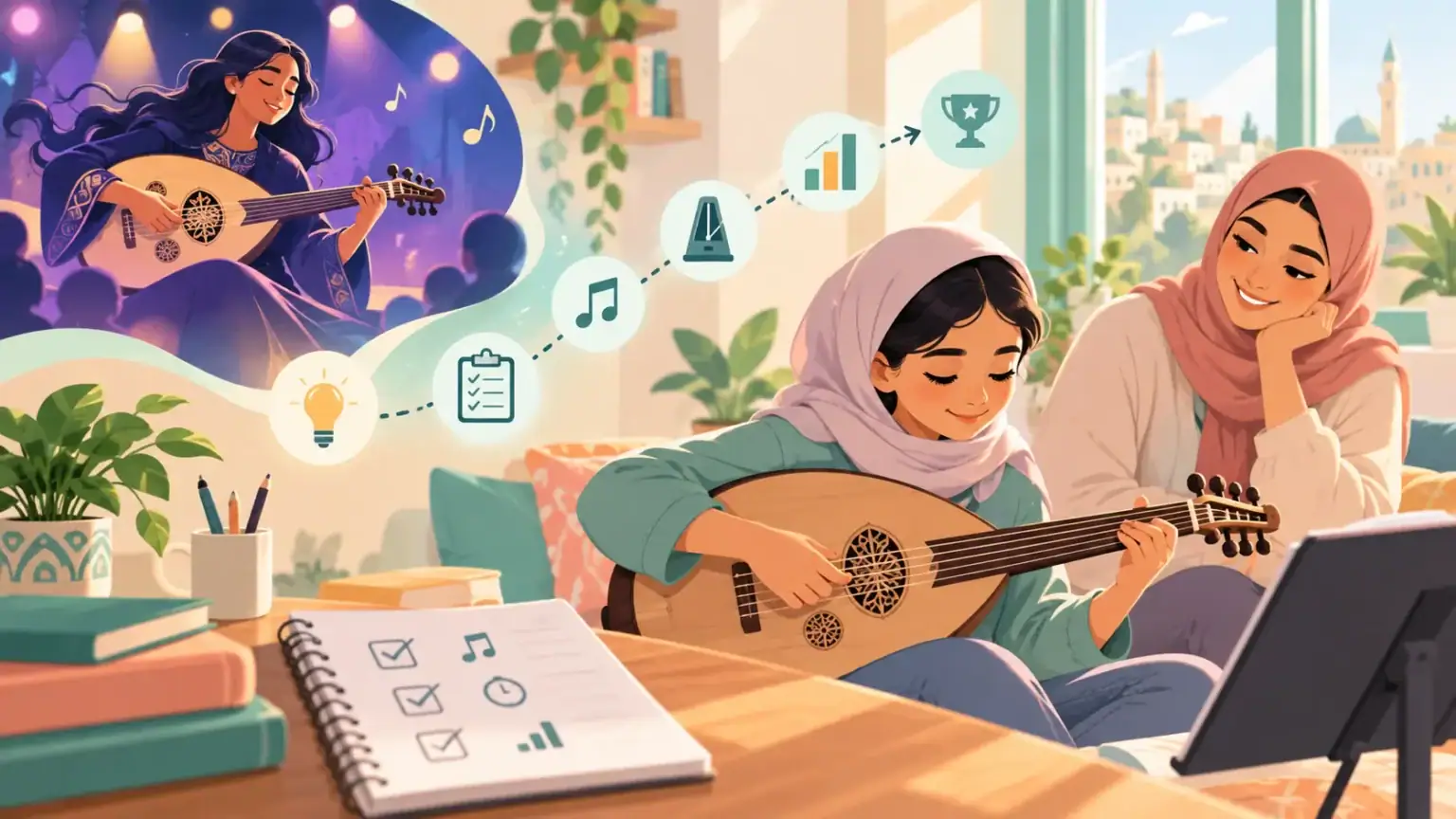 A preteen practises music with a small plan and supportive caregiver nearby