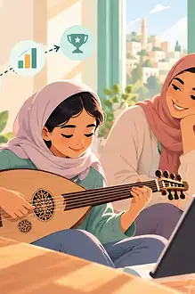 A preteen practises music with a small plan and supportive caregiver nearby