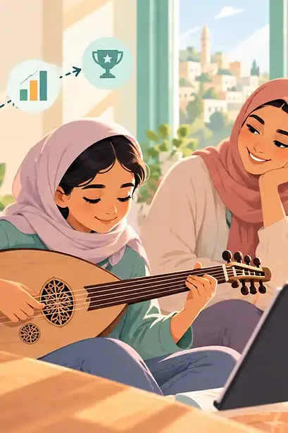 A preteen practises music with a small plan and supportive caregiver nearby