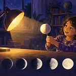 A caregiver and child use a lamp and ball to model the phases of the Moon