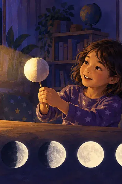 A caregiver and child use a lamp and ball to model the phases of the Moon