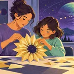 Teen folding and opening a flower-shaped paper starshade model