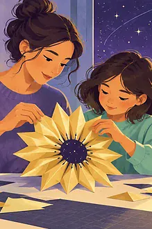 Teen folding and opening a flower-shaped paper starshade model