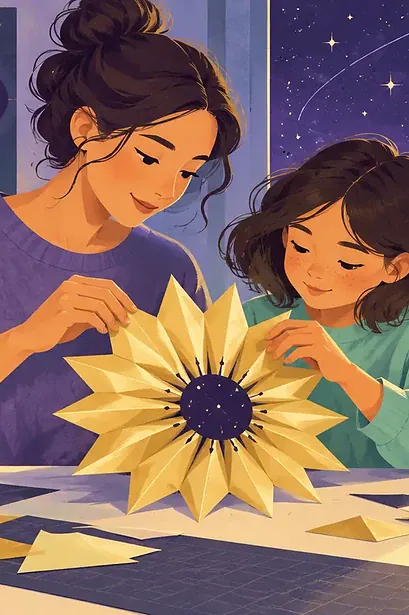 Teen folding and opening a flower-shaped paper starshade model