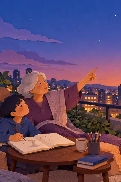 A family observes the Moon outdoors and records it in a journal