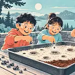 Children measure model Moon craters made in a tray of powder