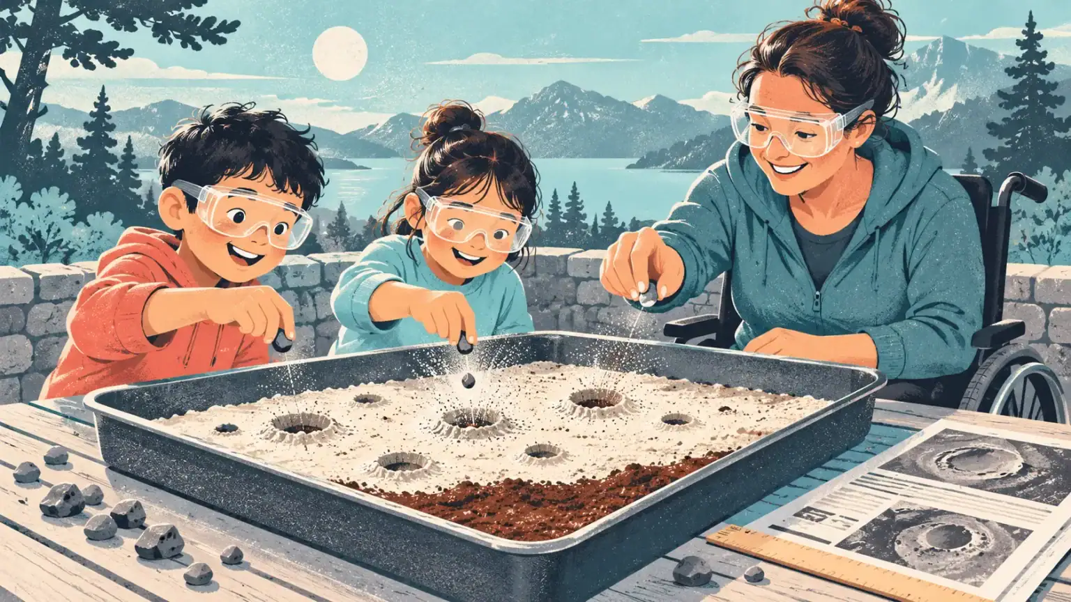 Children measure model Moon craters made in a tray of powder