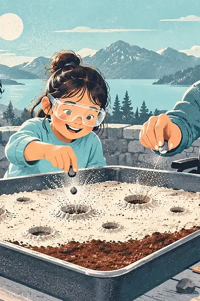 Children measure model Moon craters made in a tray of powder