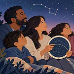 Parent and child using a rotating star wheel under a deep blue night sky