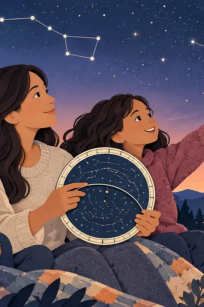 Parent and child using a rotating star wheel under a deep blue night sky