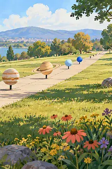 Family placing colourful planet markers along a long park path