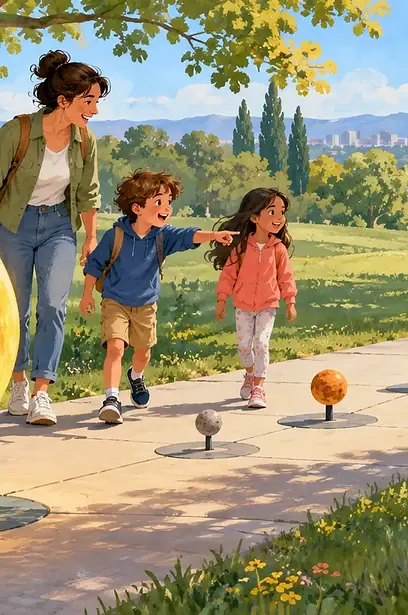 Family placing colourful planet markers along a long park path