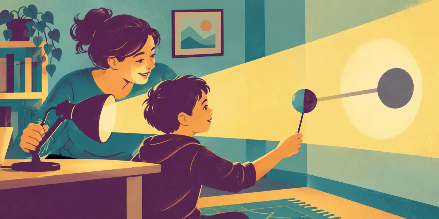 Children safely modelling a solar eclipse with a lamp and two balls