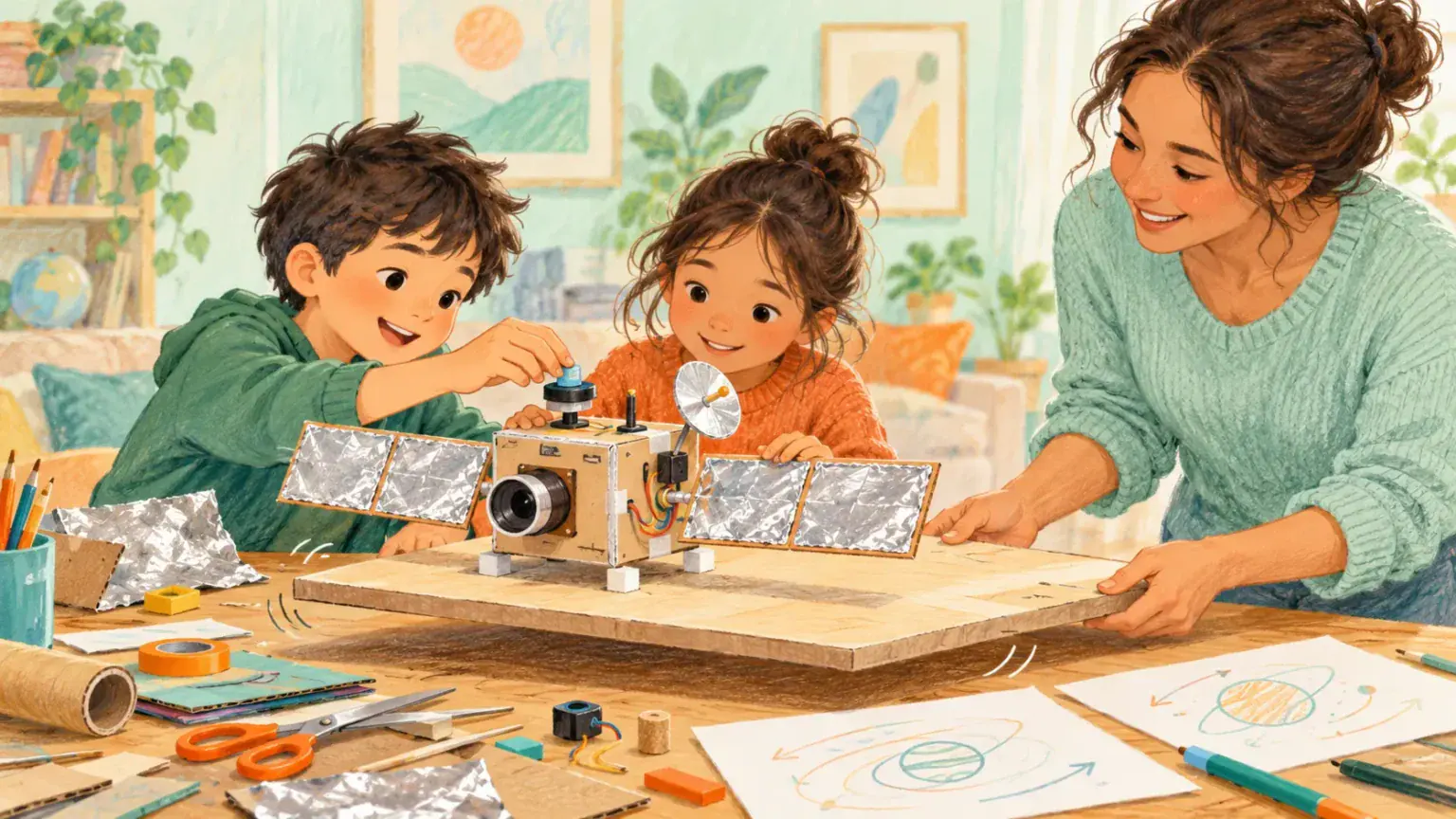 Children testing a handmade model satellite with panels and antenna