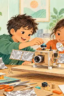 Children testing a handmade model satellite with panels and antenna