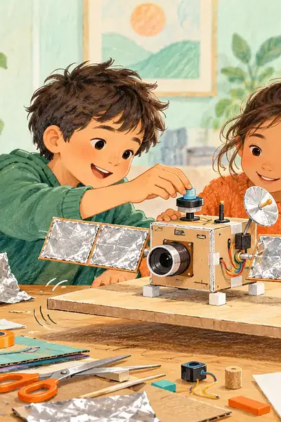 Children testing a handmade model satellite with panels and antenna