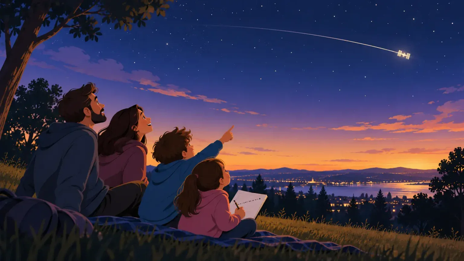 Family watching the International Space Station cross the evening sky