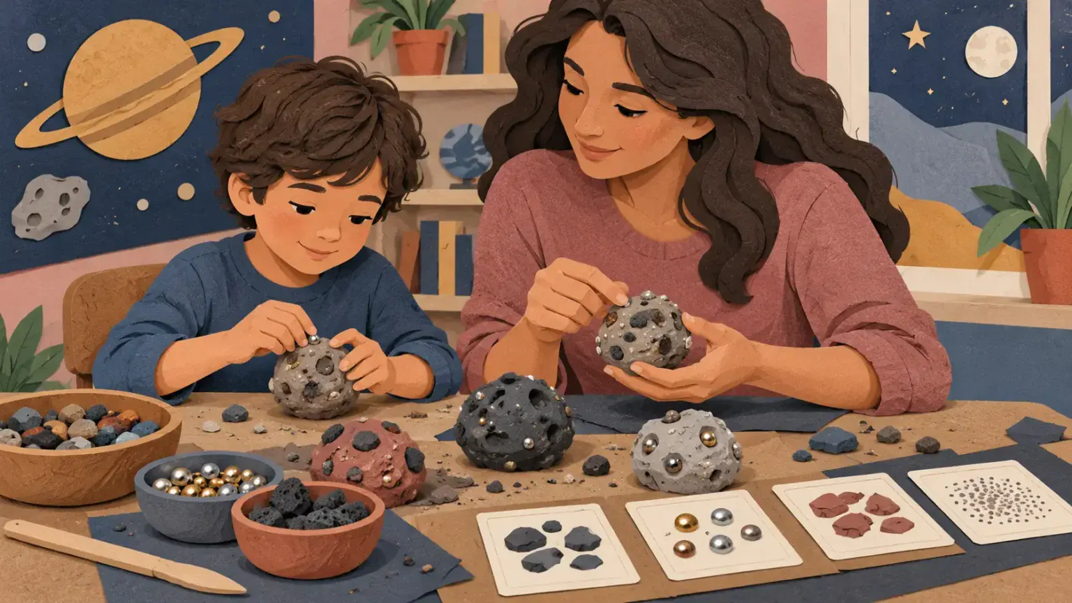 Children comparing three textured clay asteroid models on a table