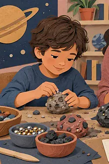 Children comparing three textured clay asteroid models on a table