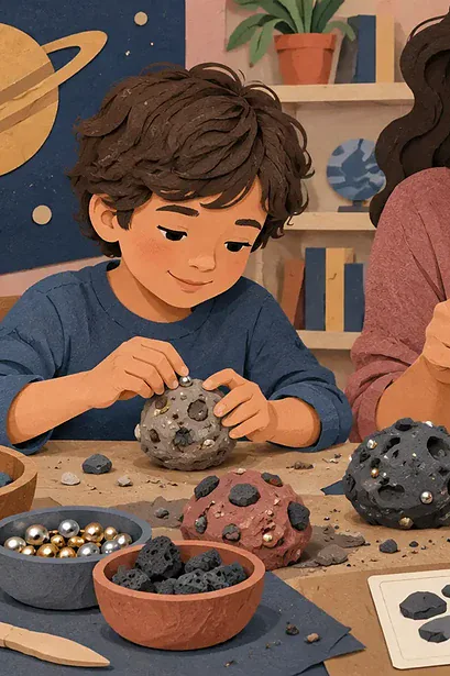 Children comparing three textured clay asteroid models on a table
