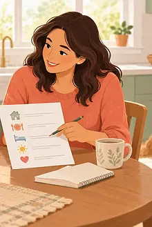 Parents and a grandparent calmly discussing a child care plan around a kitchen table