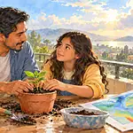 Father listening to a worried child while they plant a small seedling together