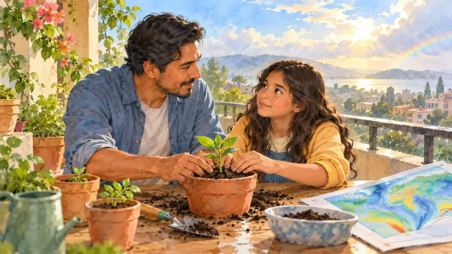 Father listening to a worried child while they plant a small seedling together