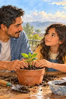 Father listening to a worried child while they plant a small seedling together