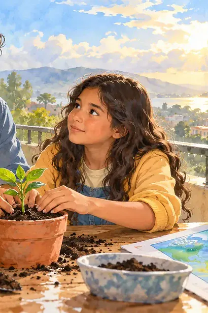 Father listening to a worried child while they plant a small seedling together