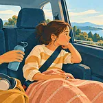 A safely buckled child looks toward the horizon from a car window while a caregiver offers water