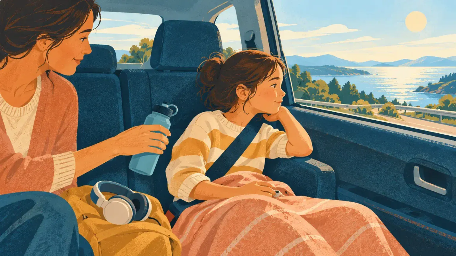 A safely buckled child looks toward the horizon from a car window while a caregiver offers water