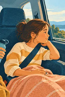 A safely buckled child looks toward the horizon from a car window while a caregiver offers water