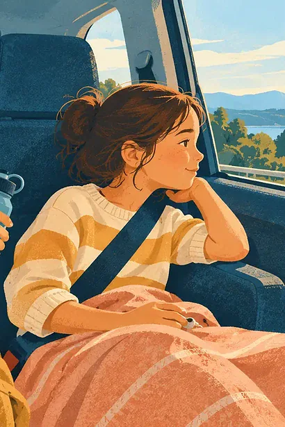 A safely buckled child looks toward the horizon from a car window while a caregiver offers water