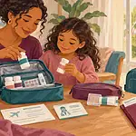 A parent and child prepare labelled medicine containers, documents and an insulated travel pouch