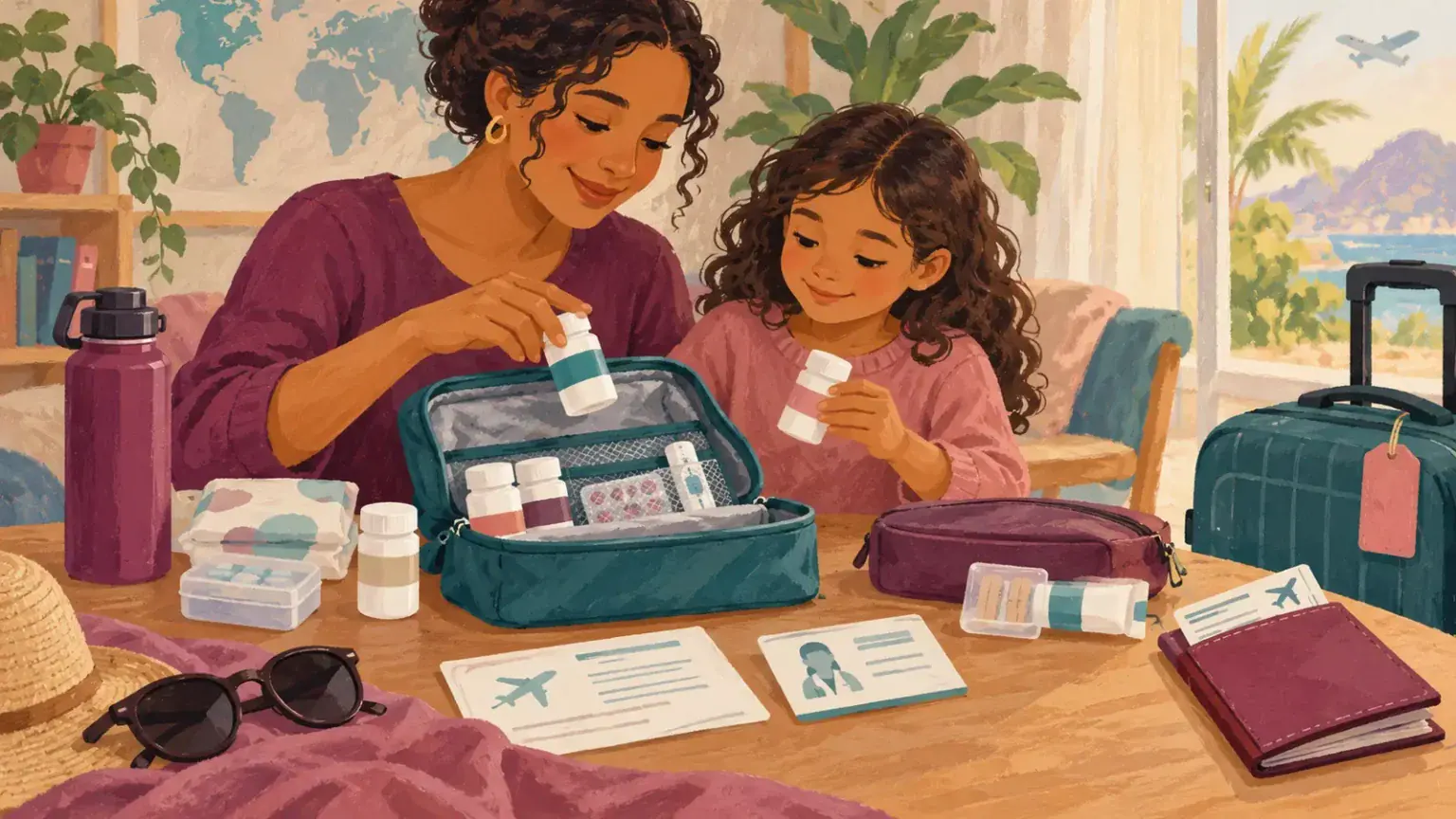 A parent and child prepare labelled medicine containers, documents and an insulated travel pouch