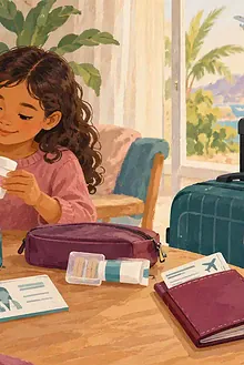 A parent and child prepare labelled medicine containers, documents and an insulated travel pouch